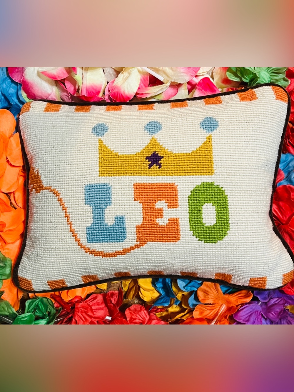 JP Needlepoint Leo Zodiac Crown Decorative Pillow Brown Velvet 10” x 7.5
